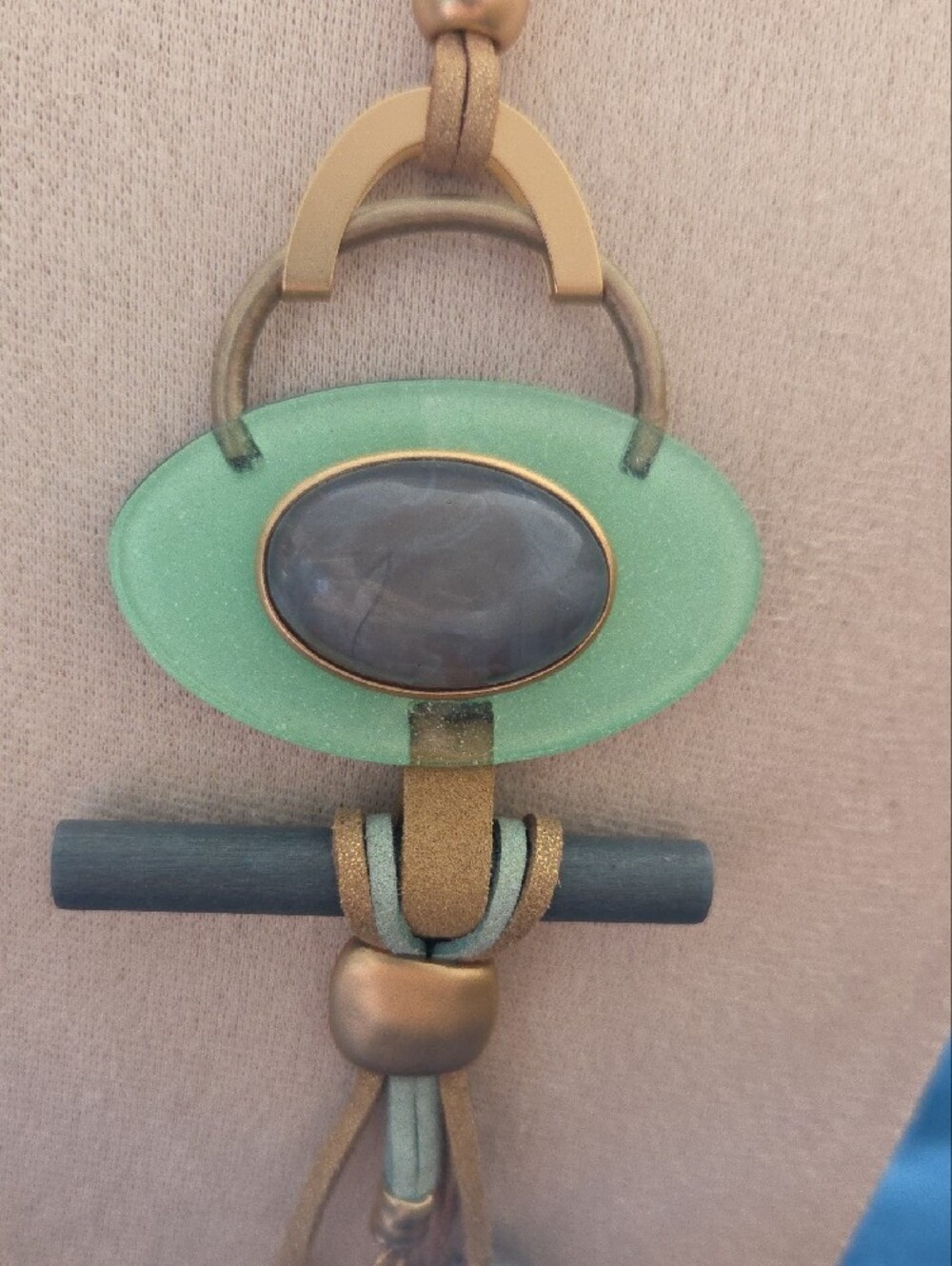 Boho Aqua, Gray & Frosted Goldtone Mixed Media Long Statement Pendant Necklace - Picture 2 of 8